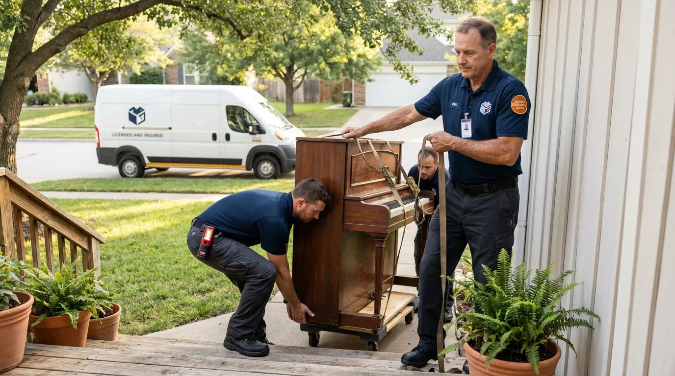 Licensed piano movers securing grand piano in Maggie Valley, NC