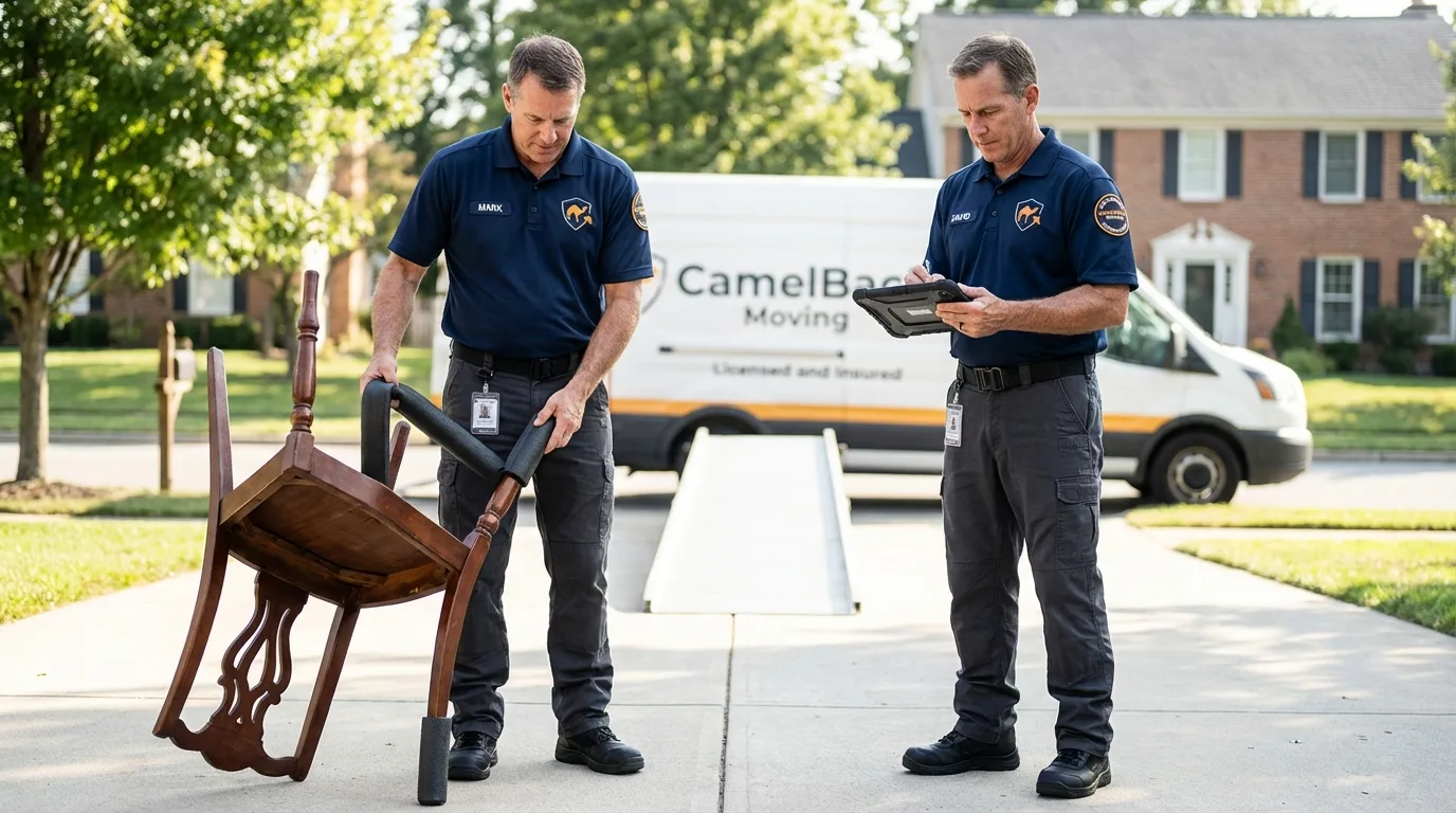 Movers inspecting furniture for damage prevention before loading in Maggie Valley, NC