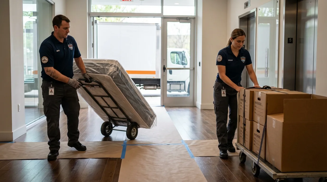 Professional apartment movers loading elevator in Maggie Valley, NC