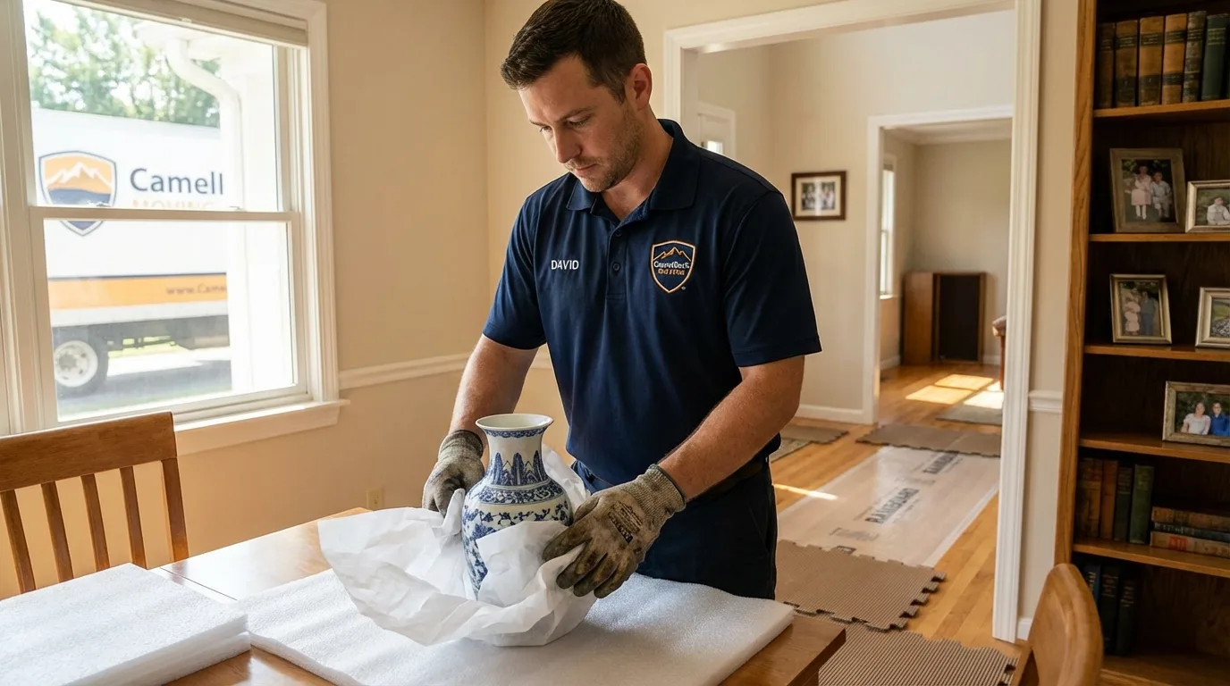 Professional crew carefully wrapping antique vase for senior downsizing move in Maggie Valley, NC